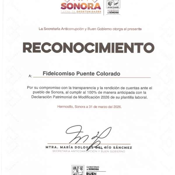 Fideicomiso Puente Colorado recibe reconocimiento de la Secretaría Anticorrupción y Buen Gobierno